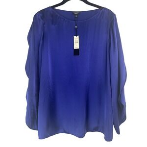 Talbots Women 10 Royal Blue 100% Silk Split Flutter Sleeve Blouse Office NWT